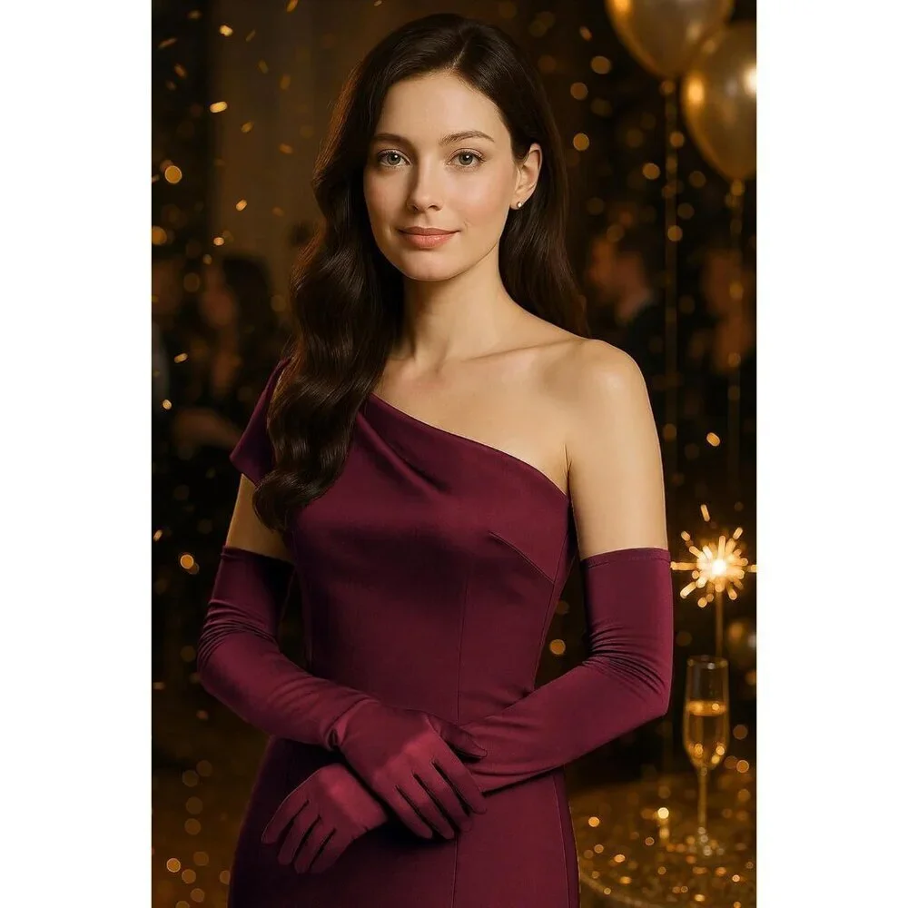 Women's Long Satin Gloves Dark Red Stretchy Upper Arm Length Costume Design